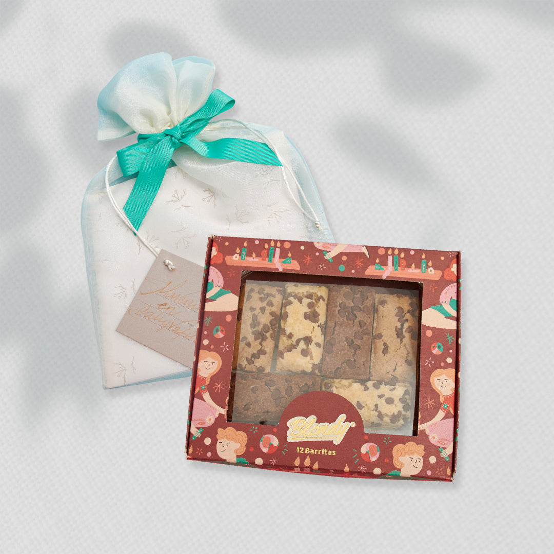 Bono de Pésame en bolsa de tela de organza y Caja de blondies Mikaela