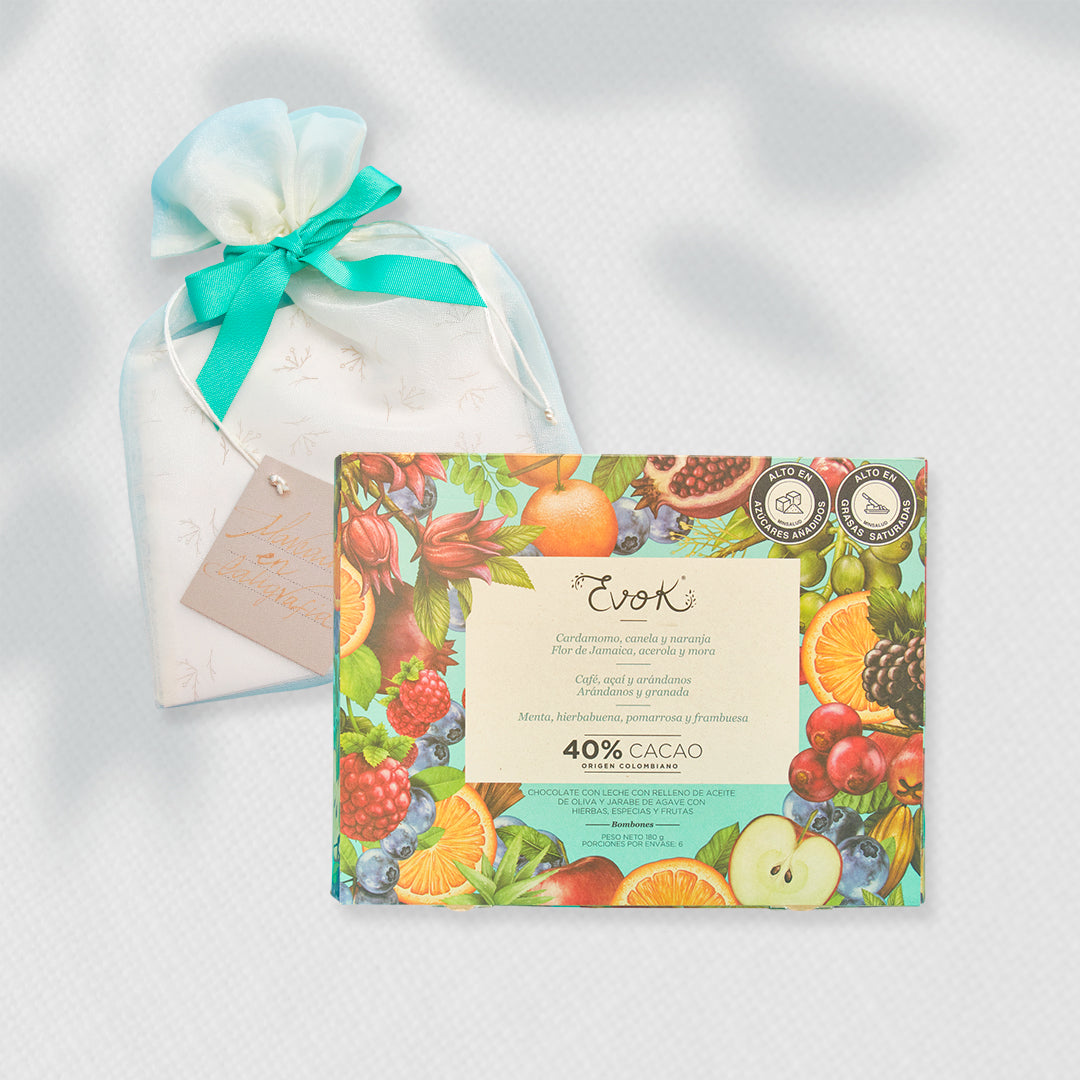 Bono de Pésame en bolsa de tela de organza y kit Evok No. 2 Bombones rellenos de Chocolate