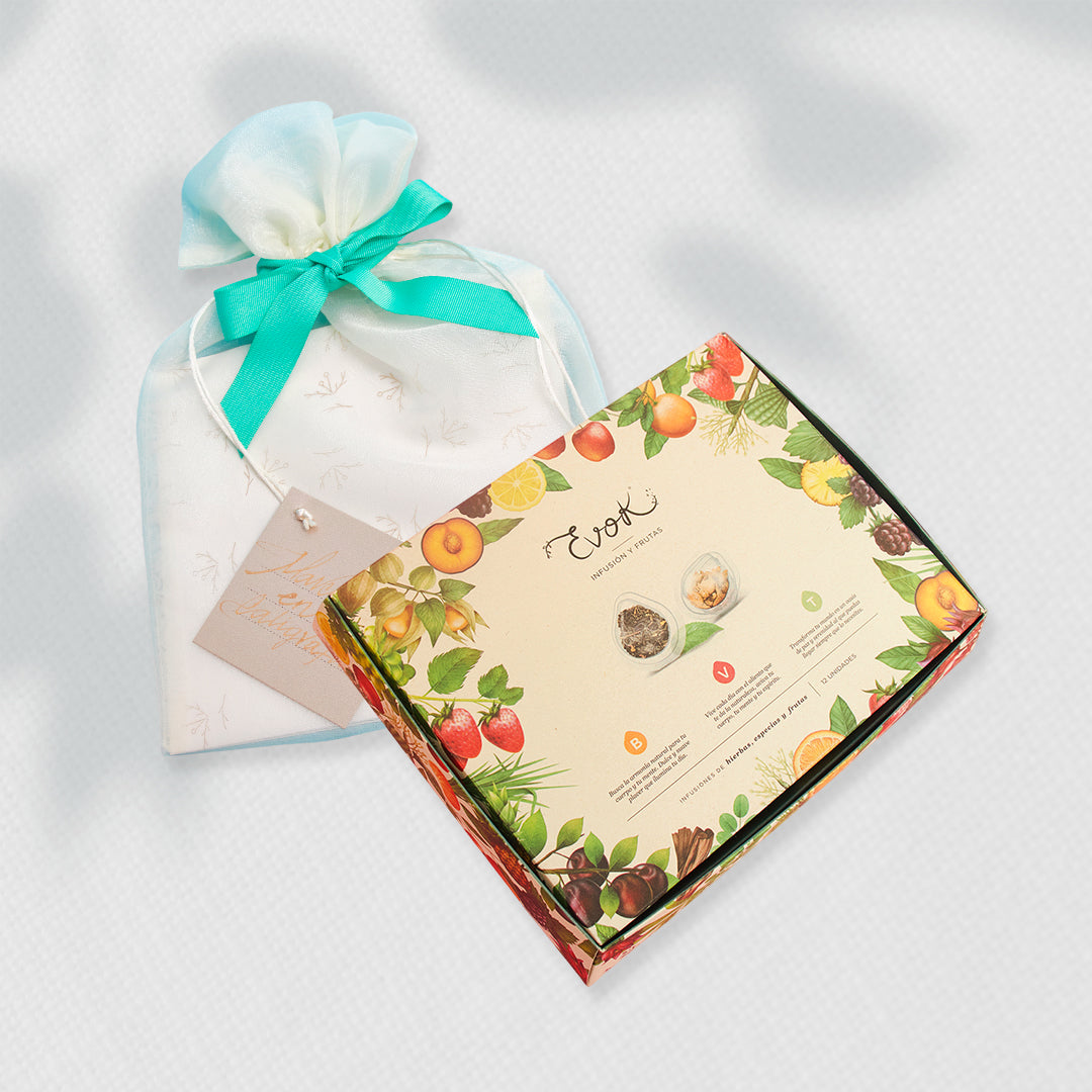 Bono de Pésame en bolsa de tela de organza y kit Evok No. 3 Infusiones de Corazón